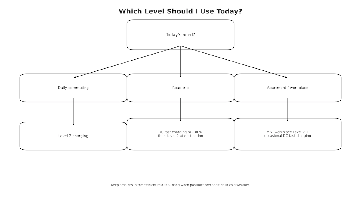 Decision flow for choosing Level 1, Level 2, or DC fast charging based on trip type