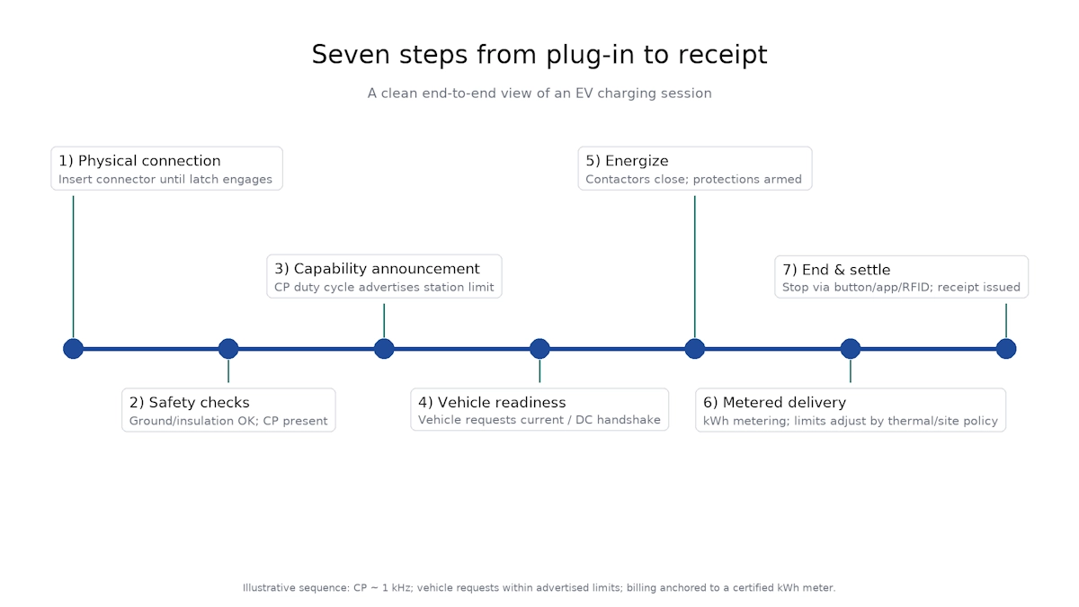 A seven-step timeline of an EV charging session from plug-in to billing