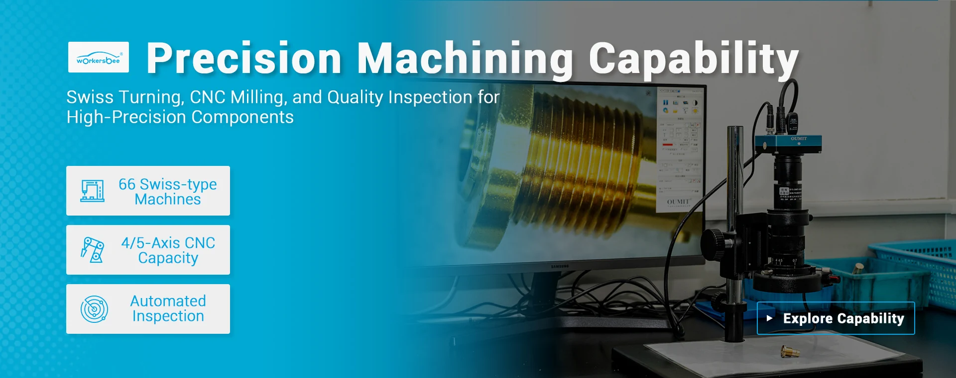 Precision machining capability banner showing Swiss turning, CNC milling, and quality inspection for high-precision components