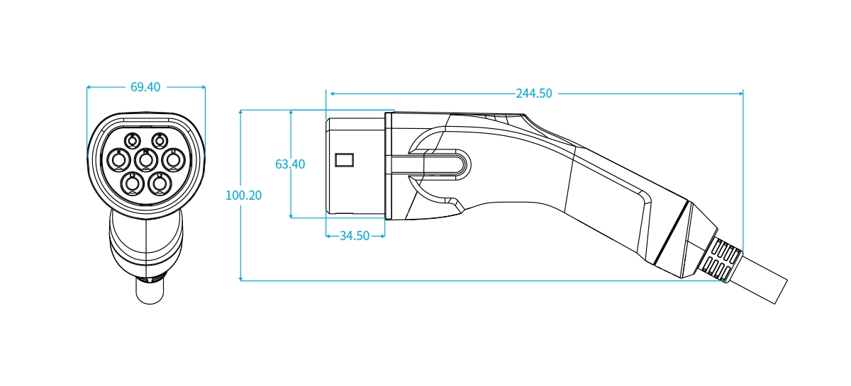 Workersbee Type 2 EV Connector with Shutter Dimensions Dimension drawing of Workersbee Type 2 EV connector with shutter for AC charging cable design